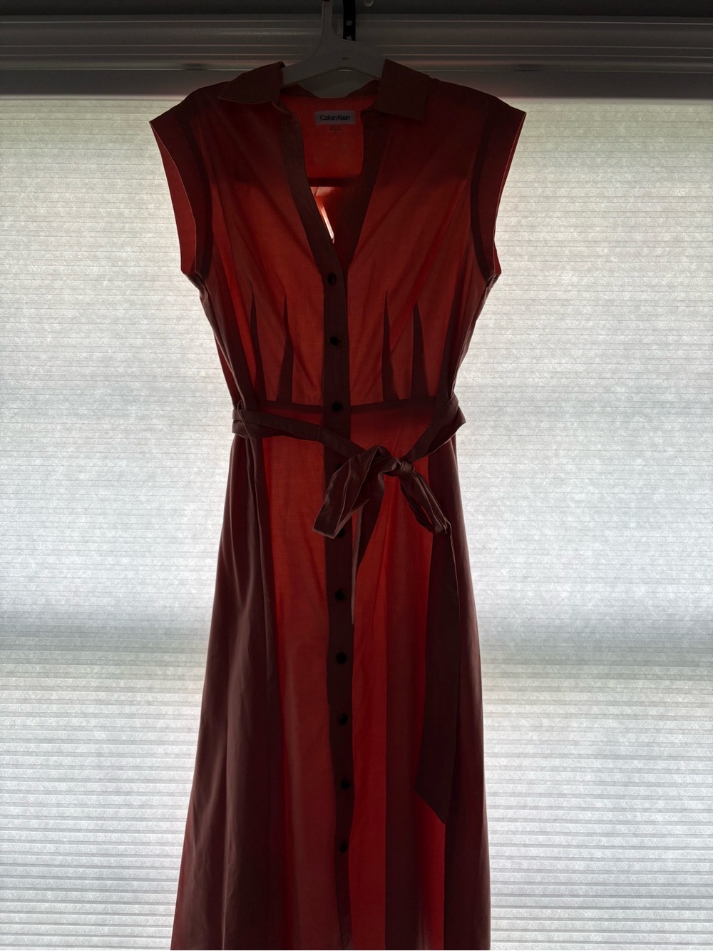 Calvin Klein Dusty Rose Button-Front Midi Dress with Tie Waist - Picture 2 of 3